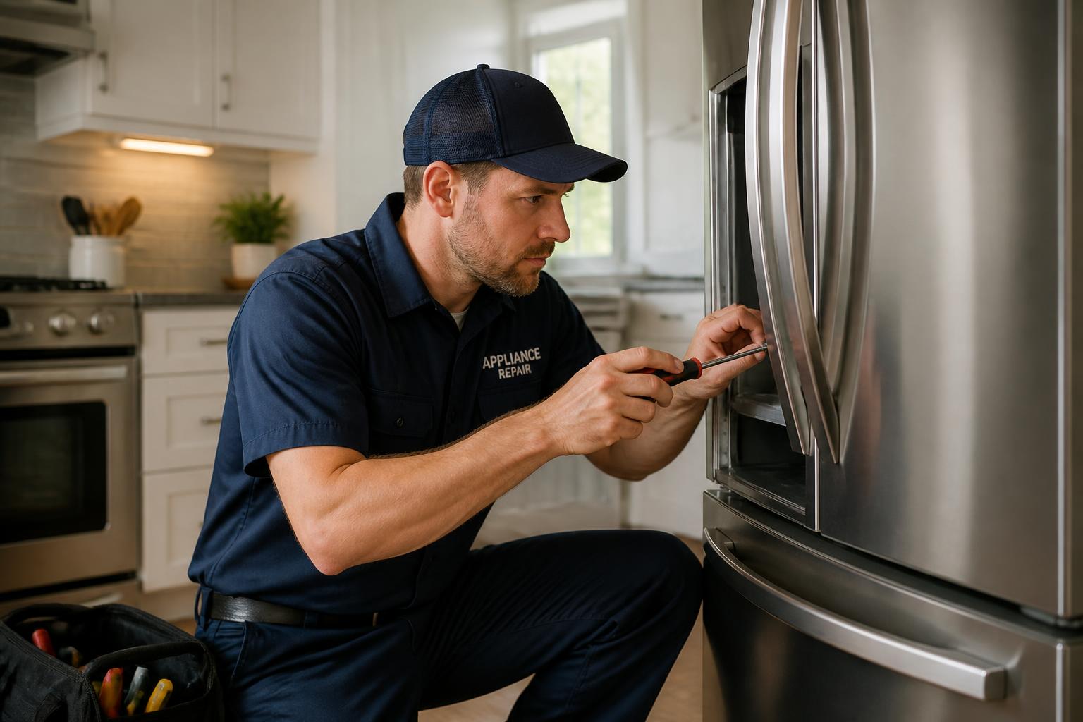 Roman's Appliance Repair Pro technician repairing a stainless steel refrigerator in a Kent, WA home kitchen